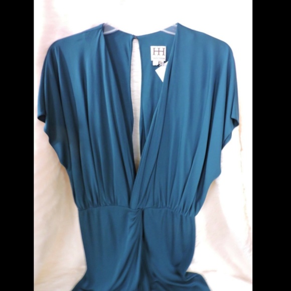 NWT $395 HAUTE HIPPIE COASTAL TEAL TWIST FRONT JERSEY SLINKY DRAPED DRESS L - Picture 3 of 6